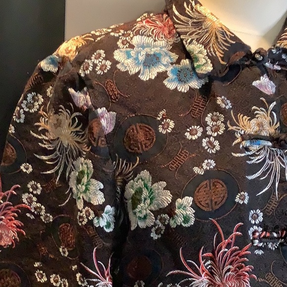 Vintage UNITS Petite M Brown Silk Blend Floral Asian Style Top Jacket Sz M - Picture 5 of 11